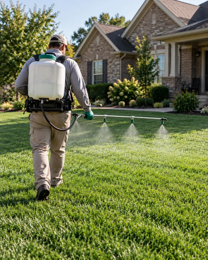 Liquid fertilizer and weed control being applied across a green lawn
