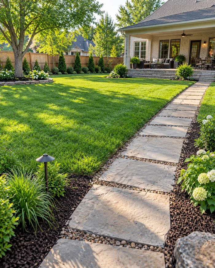 A lush backyard lawn with a stone path running to the house